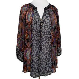 Figueroa & flower Sz L Beaded V-Neck Pop Art Print Semi Sheer Pullover Top
